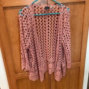 Coco + Carmen Crochet Open-Front Cardigan in Dusty Pink